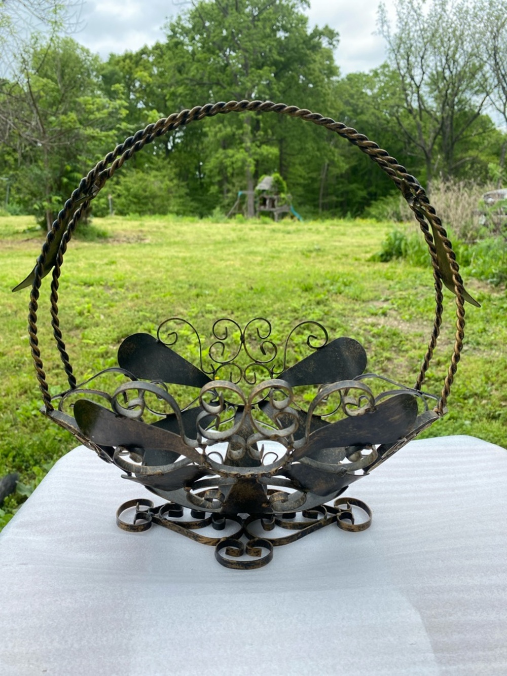 Vintage Spain Wrought Iron Scroll Black Metal Fruit Bowl Footed Fireplace Basket